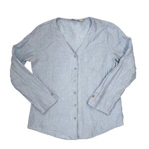 J. Jill Womens Medium Blue 100% Linen V-Neck Button Down Long Sleeve Shirt Top